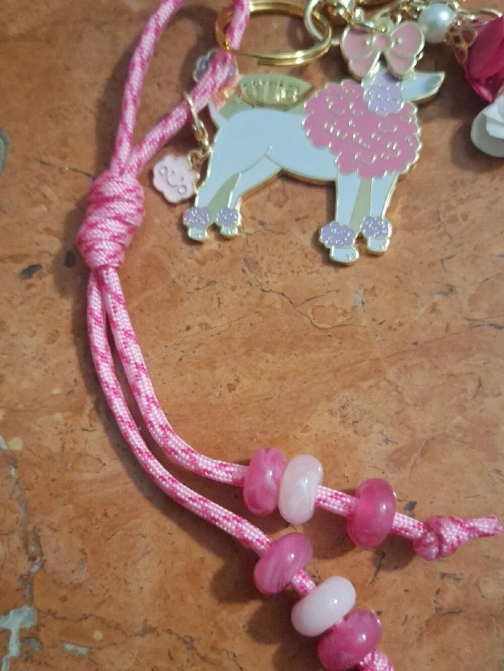 Kids Pink Poodle Charm Keychain Bag Charm with Floral Accents